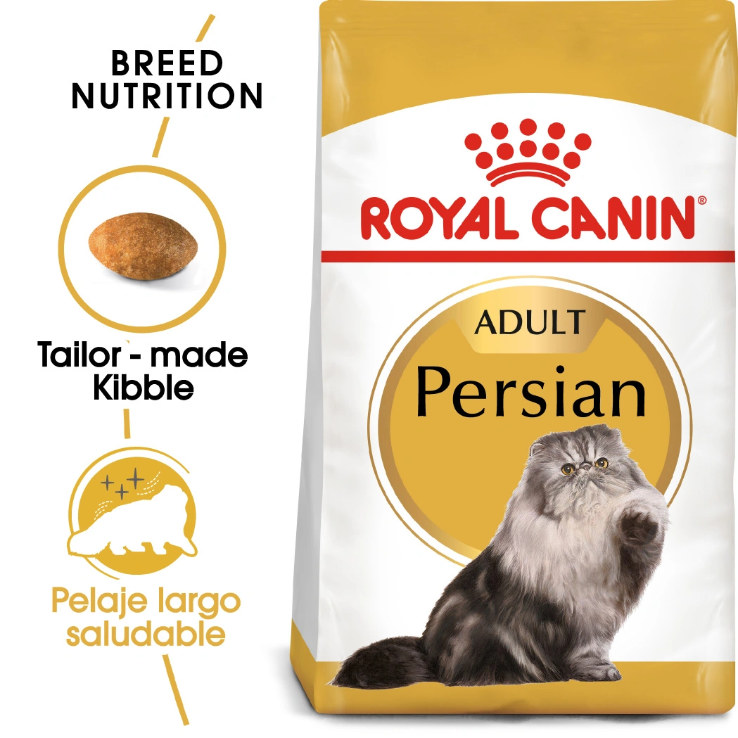 Torba z karmą Royal Canin dla kotów perskich. Zawiera kota perskiego i tekst o żywieniu rasy.