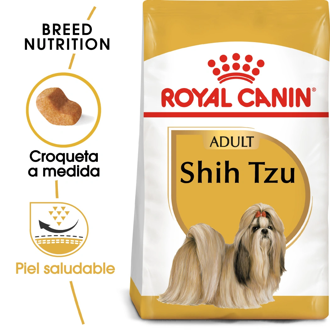Karma Royal Canin Shih Tzu dla psów w worku z wizerunkiem psa, krokietami i ikoną.