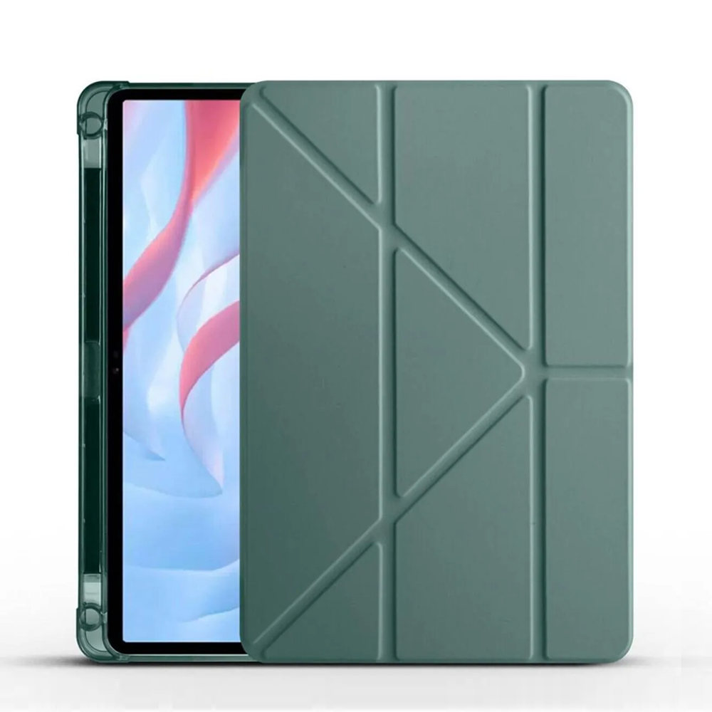 Geometrik desenli ve şeffaf çerçeveli yeşil tablet kılıfı.