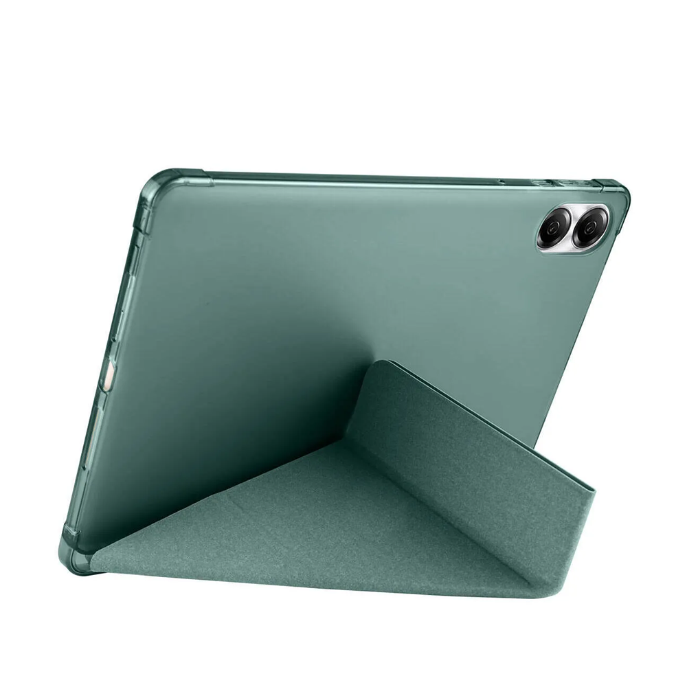 Arkadan görünen, üstte iki kamerası olan yeşil bir tablet ve standı.