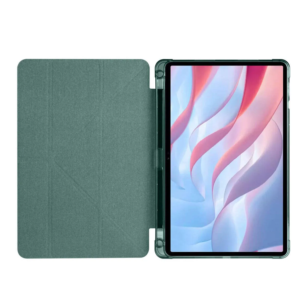 Renkli arka plana sahip tabletin yanında yeşil tablet standı.