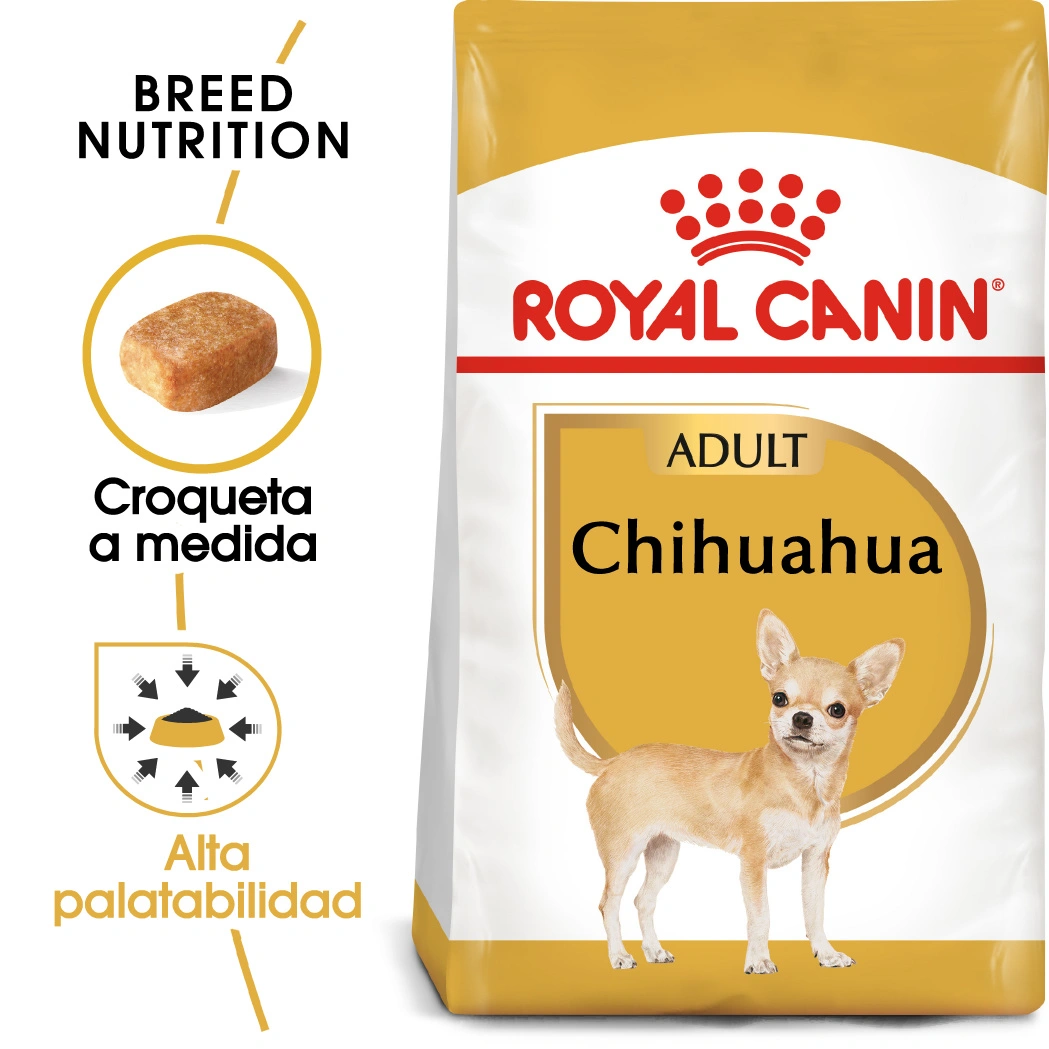 Saco de comida Royal Canin Chihuahua Adult con imagen de Chihuahua e info.