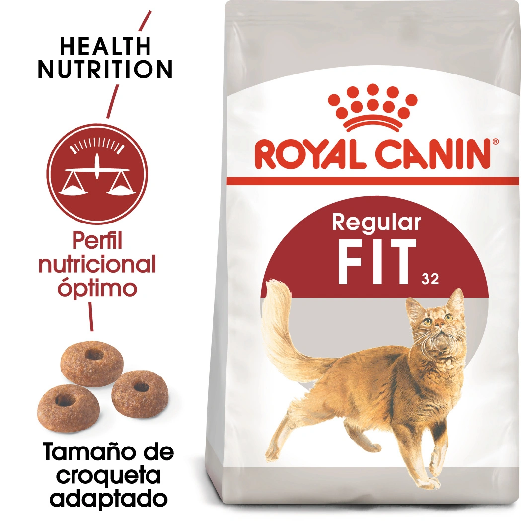 Bolsa de comida Royal Canin con gato naranja, info de salud y nutrición.