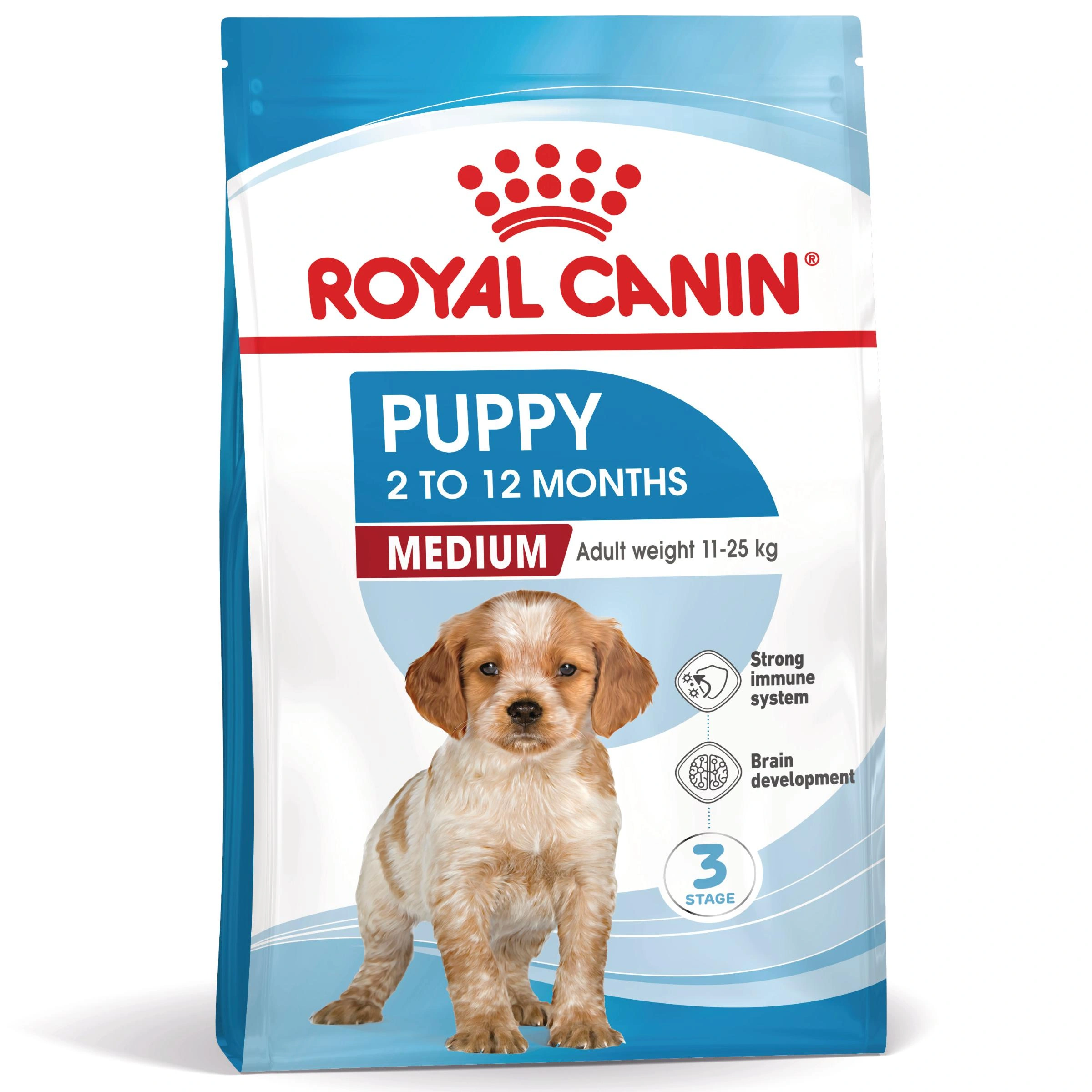 Torba karmy dla szczeniąt Royal Canin ze szczenięciem z przodu. Dla 2-12 mies.