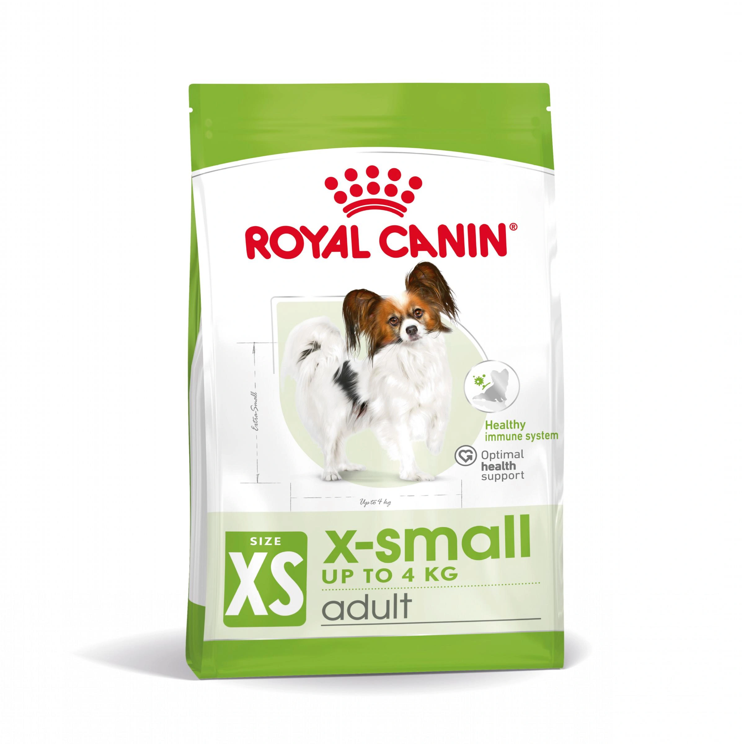 Torba karmy dla psów Royal Canin XS z psem, zielono-biała.