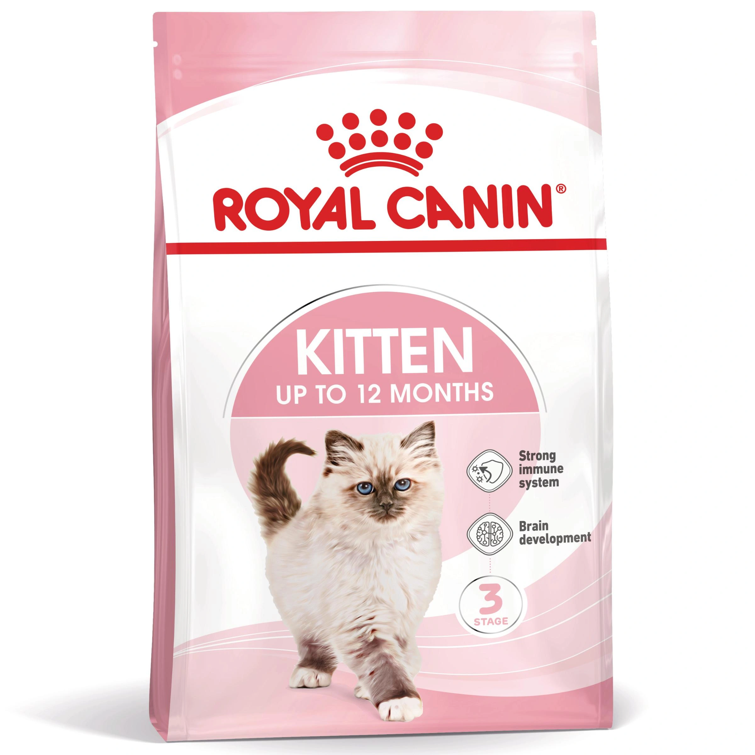 Bolsa de comida Royal Canin para gatitos con un gatito lindo, hasta 12 meses.