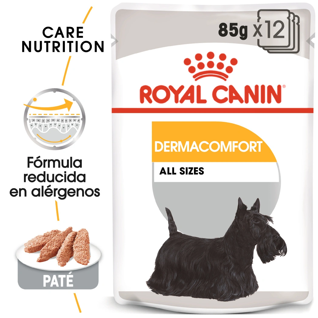 Envase de comida Royal Canin Dermacomfort con perro y texto en español.