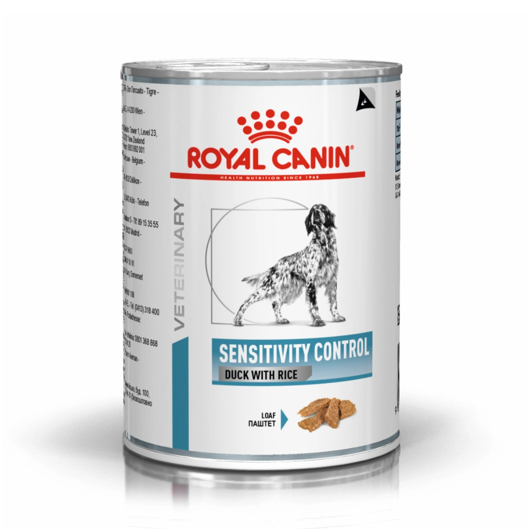 Lata de comida para perros Royal Canin: "Sensitivity Control Duck with Rice", con imagen de perro.