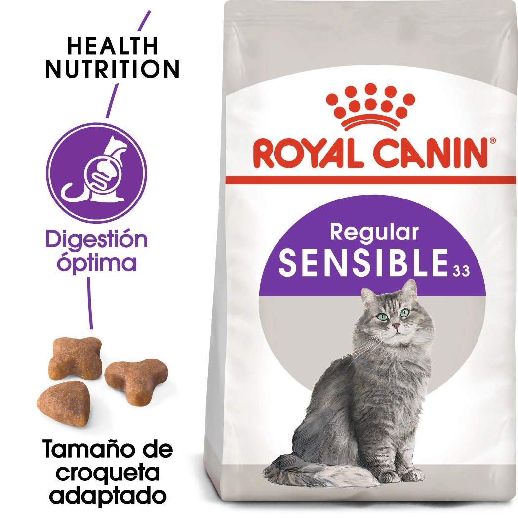 Bolsa de comida Royal Canin para gatos con imagen de gato y tres croquetas.