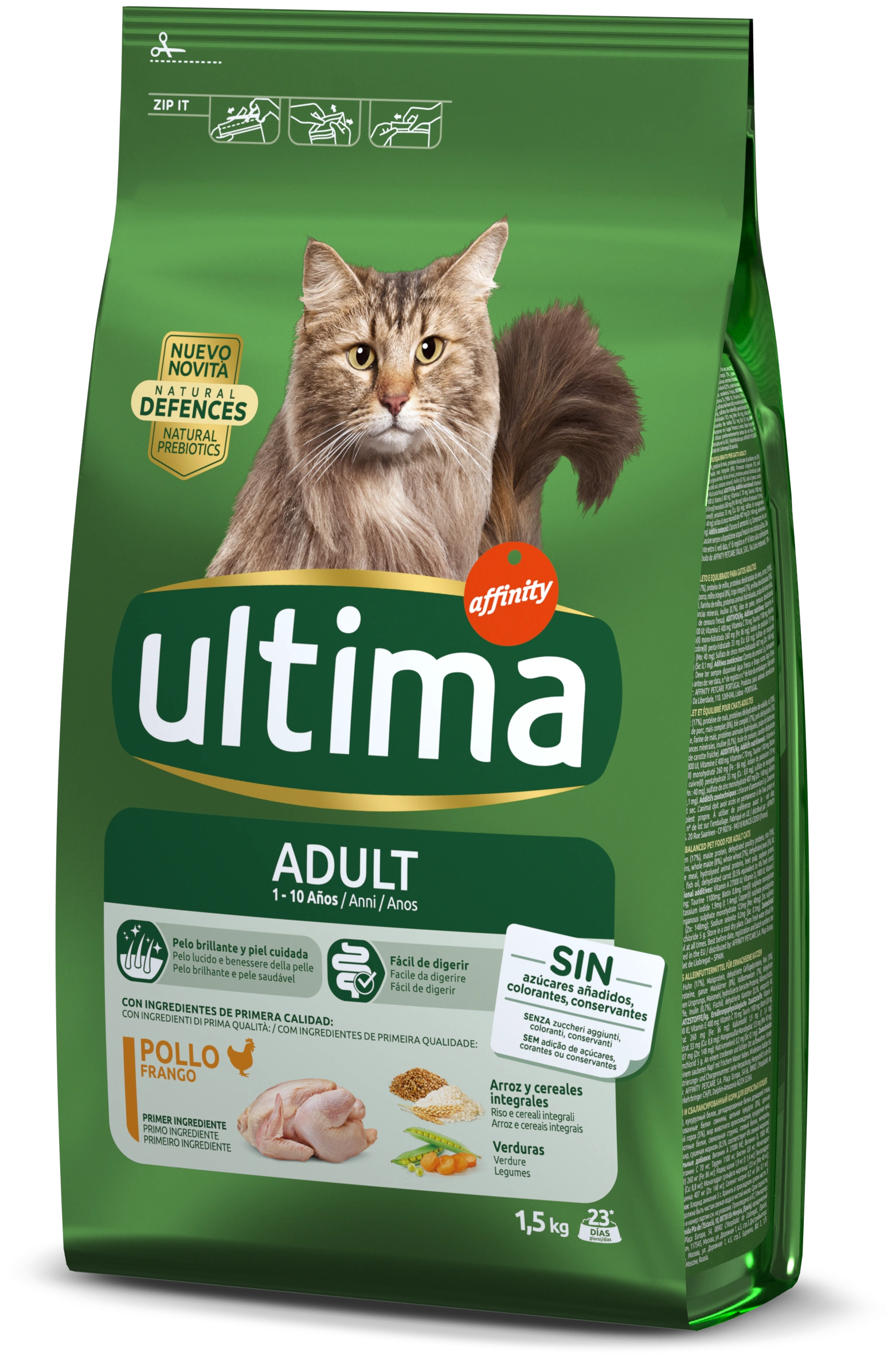 Bolsa de comida para gatos Ultima con gato marrón, pollo, arroz y verduras.