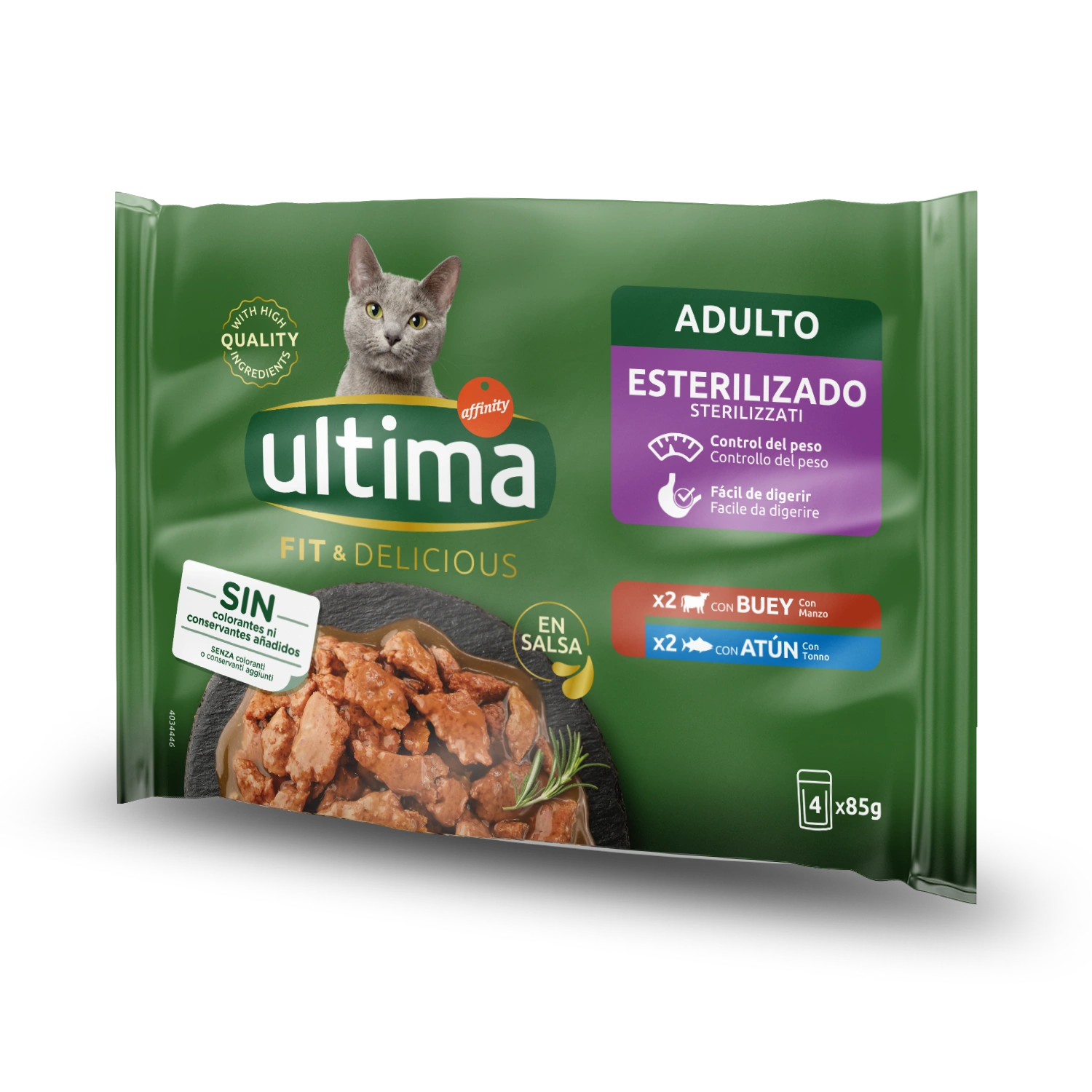 Un paquete de comida para gatos Ultima con imagen de gato y comida para gatos en salsa.