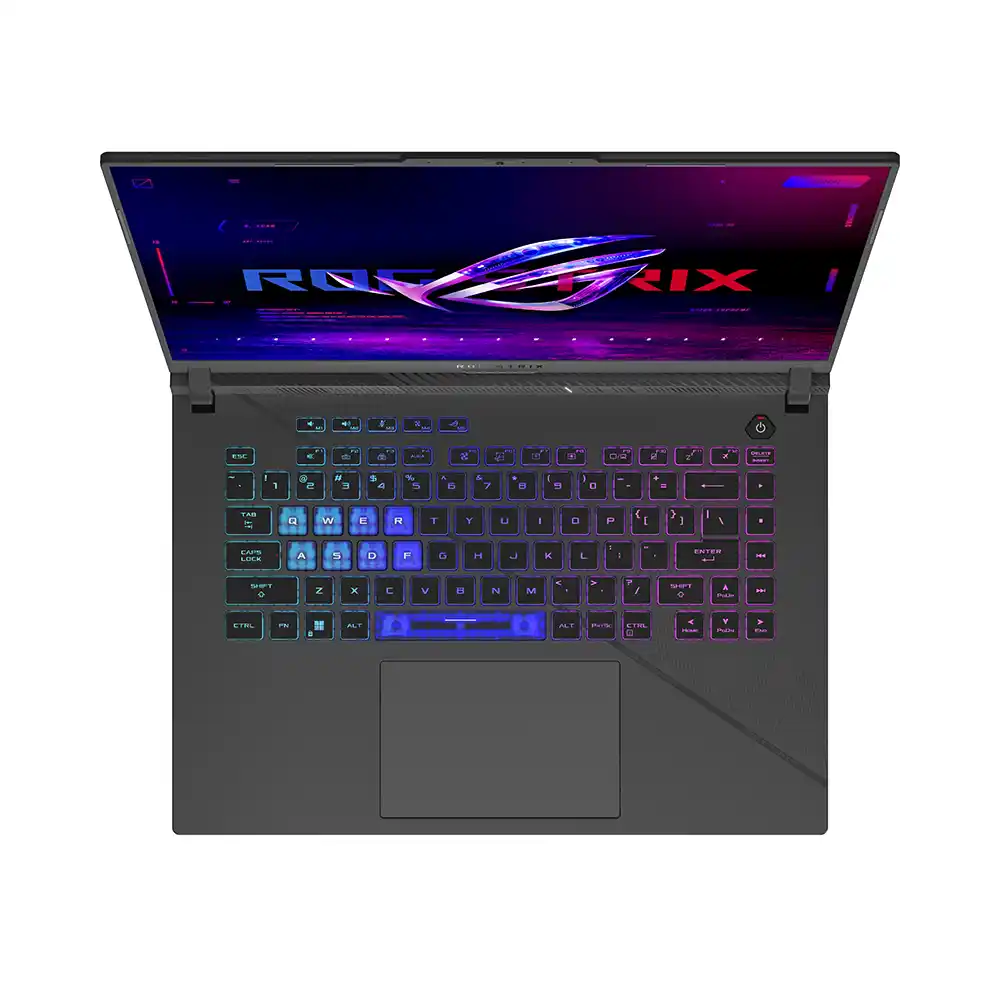 Arkadan aydınlatmalı klavyeli ve ekranda RGB logolu açık dizüstü bilgisayar.