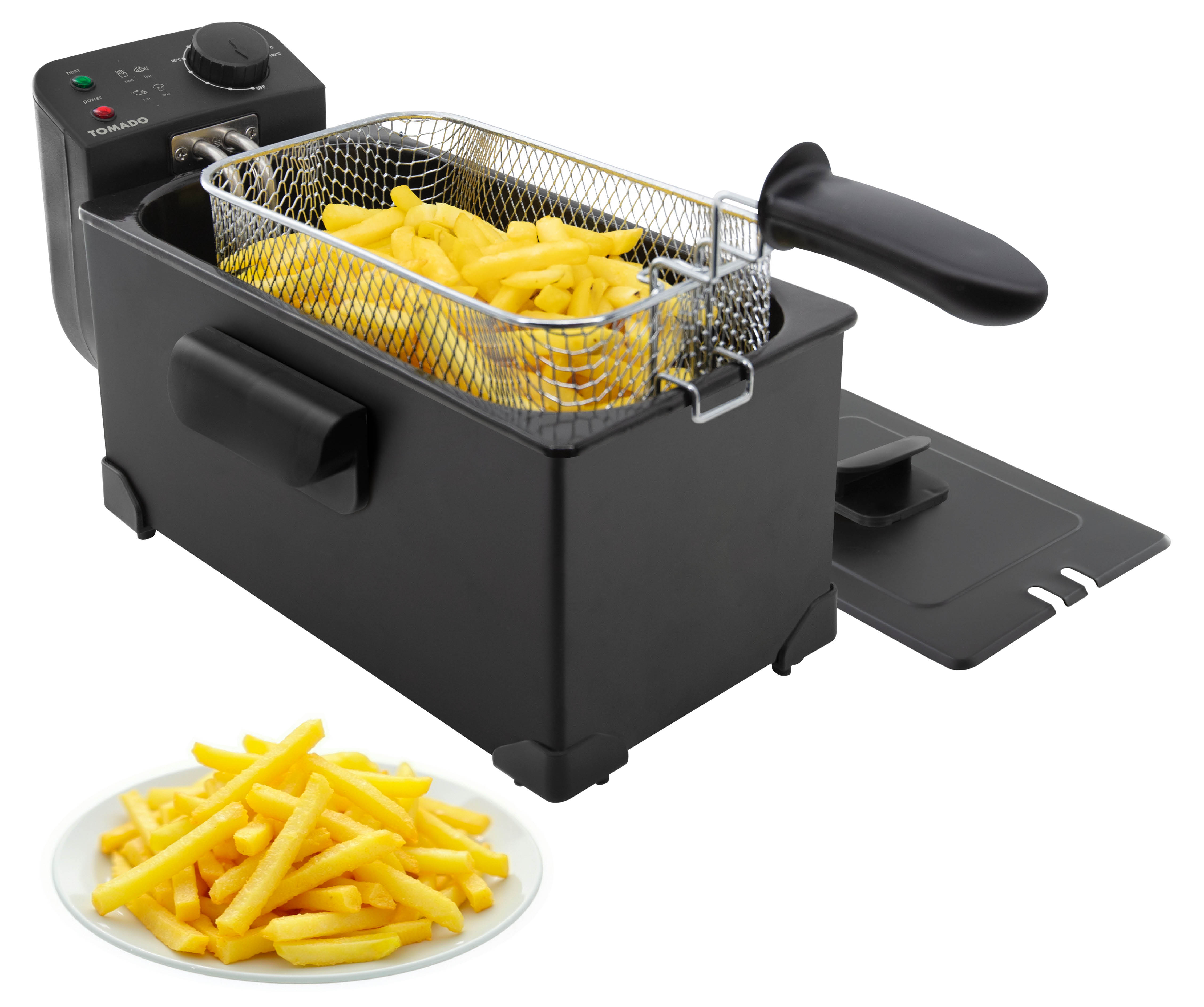 Schwarzer Fritteuse mit Korb voller Pommes und einer Schüssel Pommes daneben.
