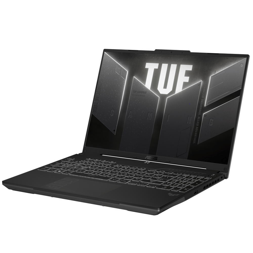 Ekranında TUF Gaming logosu ve arkadan aydınlatmalı klavyesi olan siyah bir dizüstü bilgisayar.
