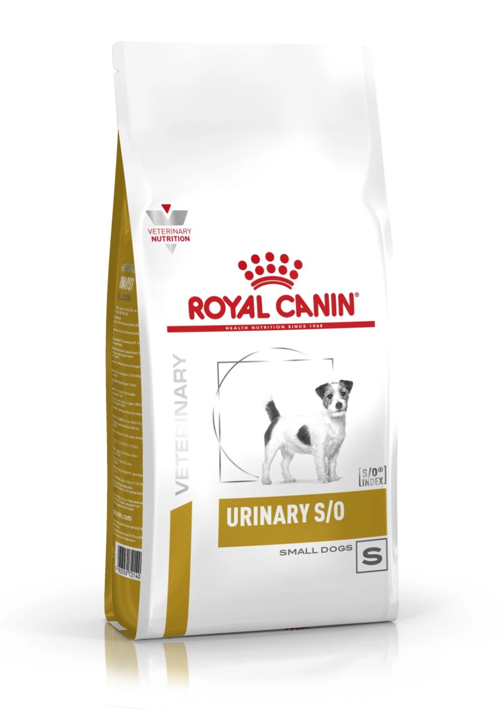 Torba karmy dla psów Royal Canin Urinary S/O dla małych psów na białym tle.