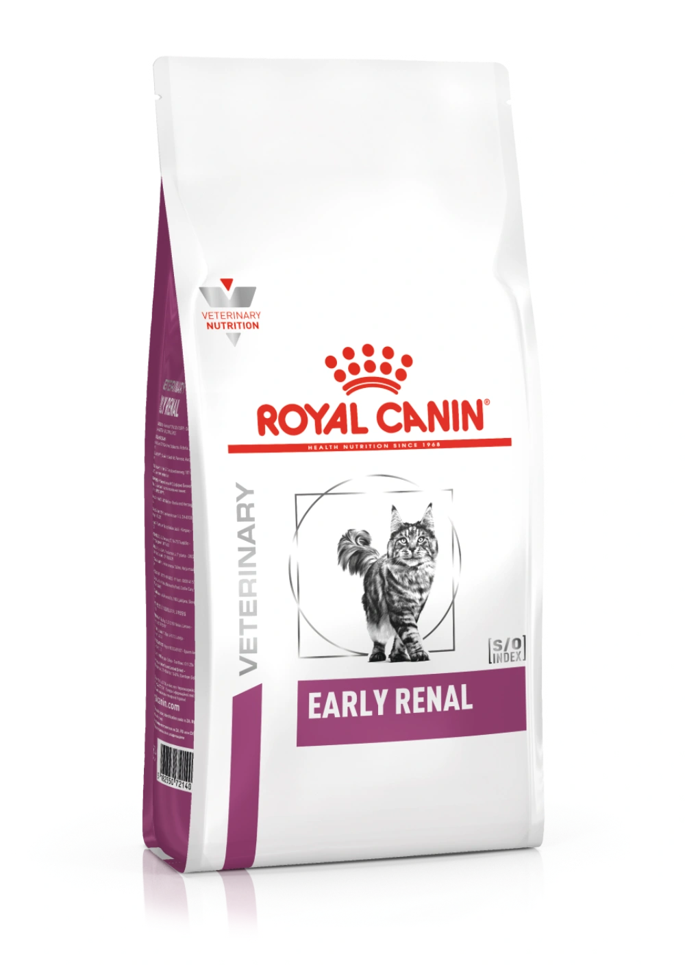 Biała torba karmy Royal Canin Veterinary Early Renal z kotem w okrągłym wzorze.