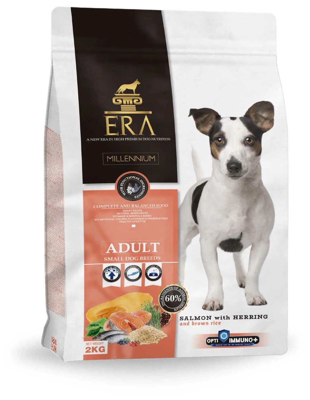 Bolsa de comida para perros con un perro e ingredientes como salmón, arenque y arroz.