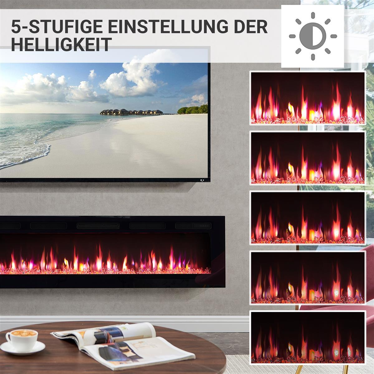 Ein Kamin mit Flammen und ein Fernsehbildschirm mit Strandansicht.