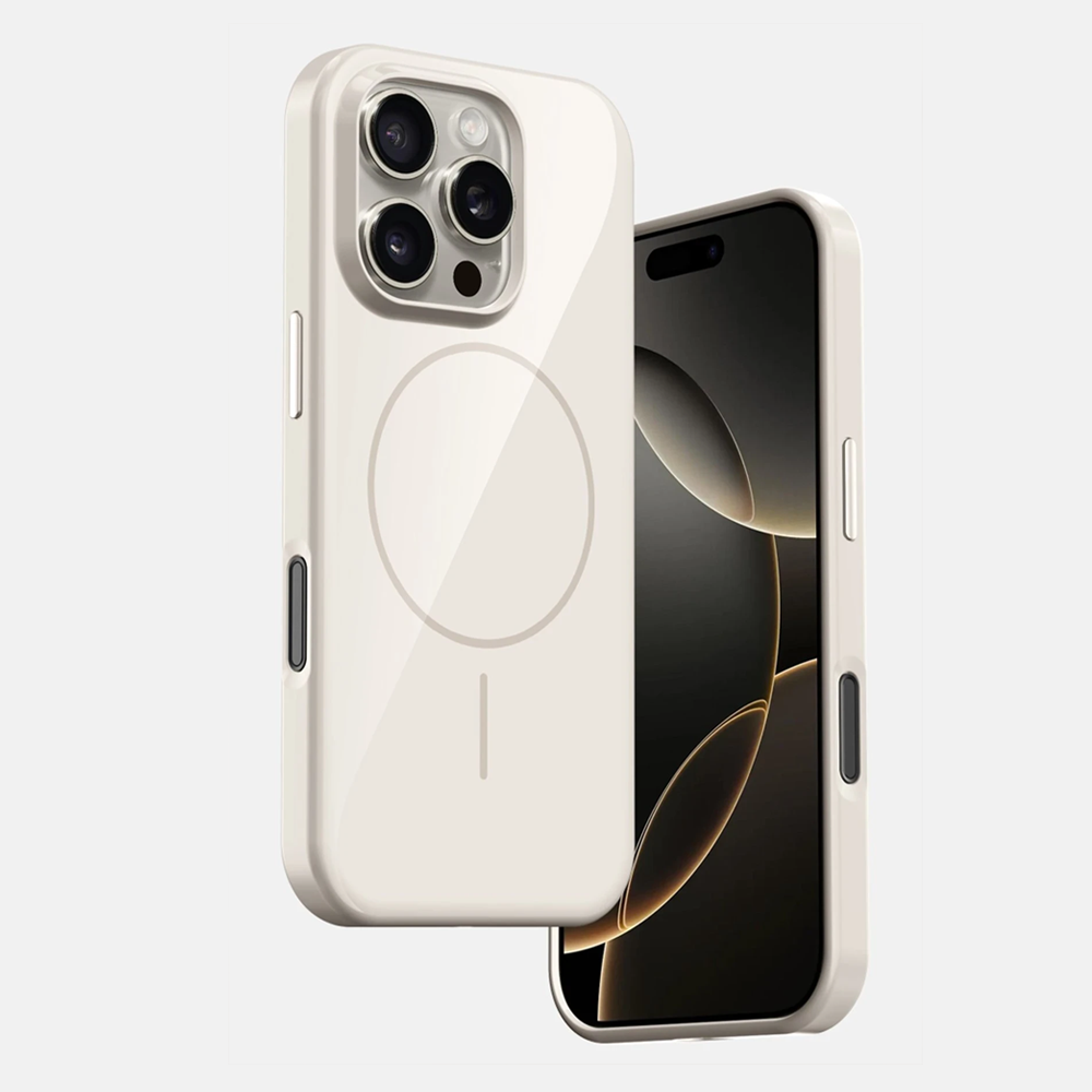 Krem rengi iPhone MagSafe kılıfı ve kamera lensleri.
