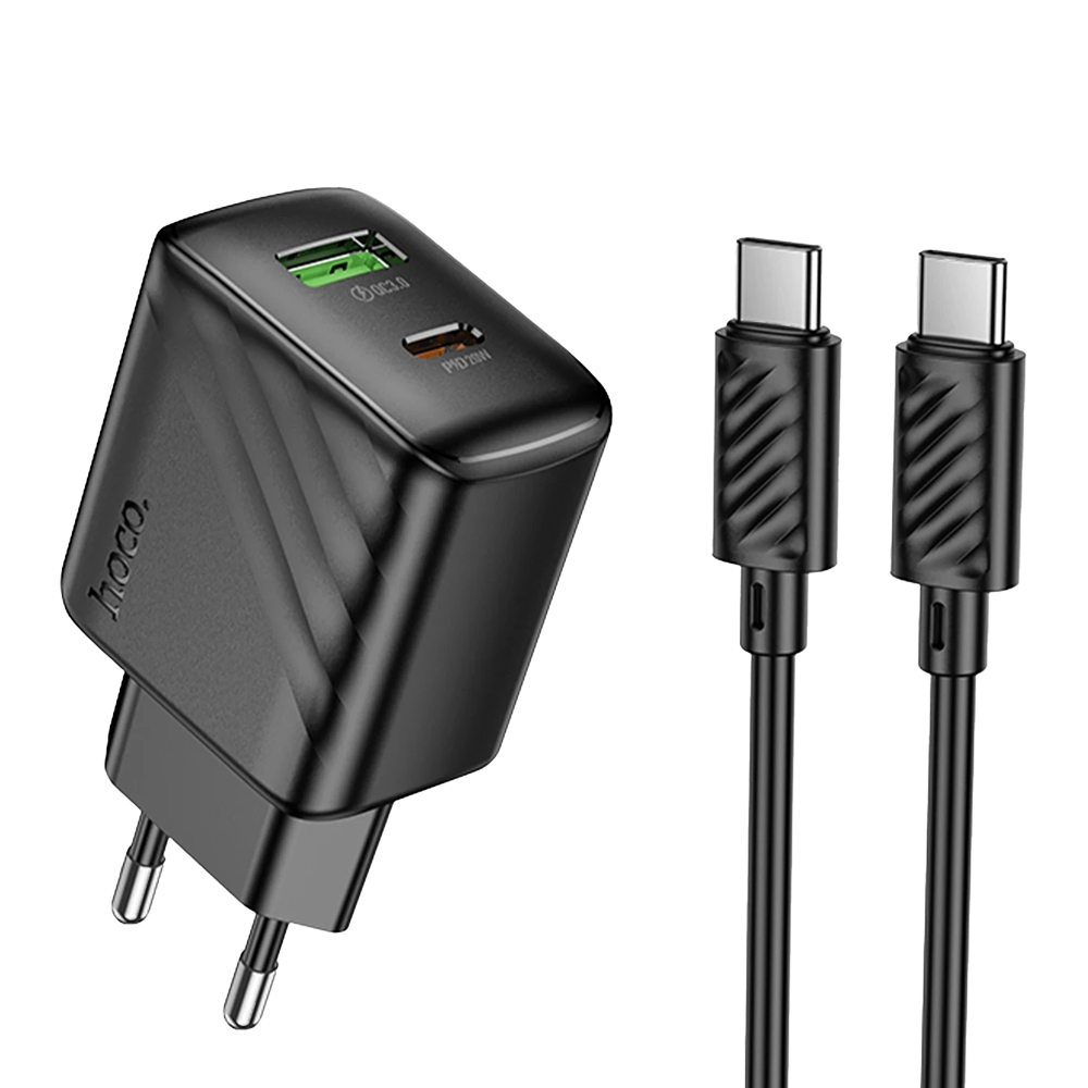 İki kablolu siyah USB-C şarj cihazı, Hoco logosu.