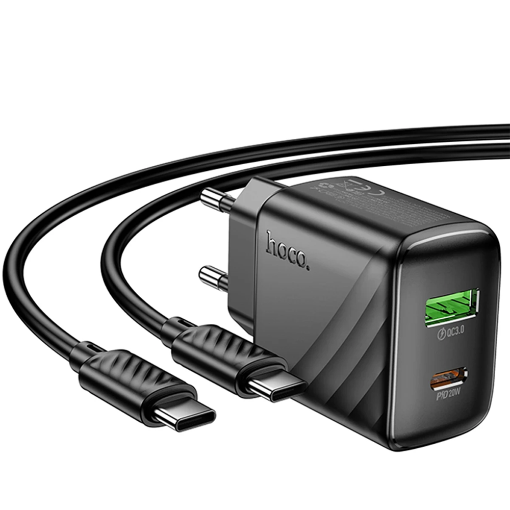 İki USB-C kablolu ve QC3.0/PD 20W portlu siyah Hoco şarj cihazı.