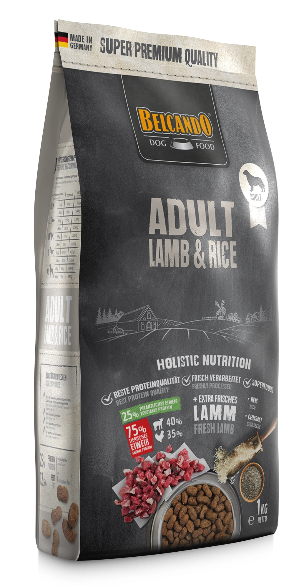 Belcando Adult Lamm & Reis Hundefutter-Packung mit Lammfleisch, Reis und Chiasamen.