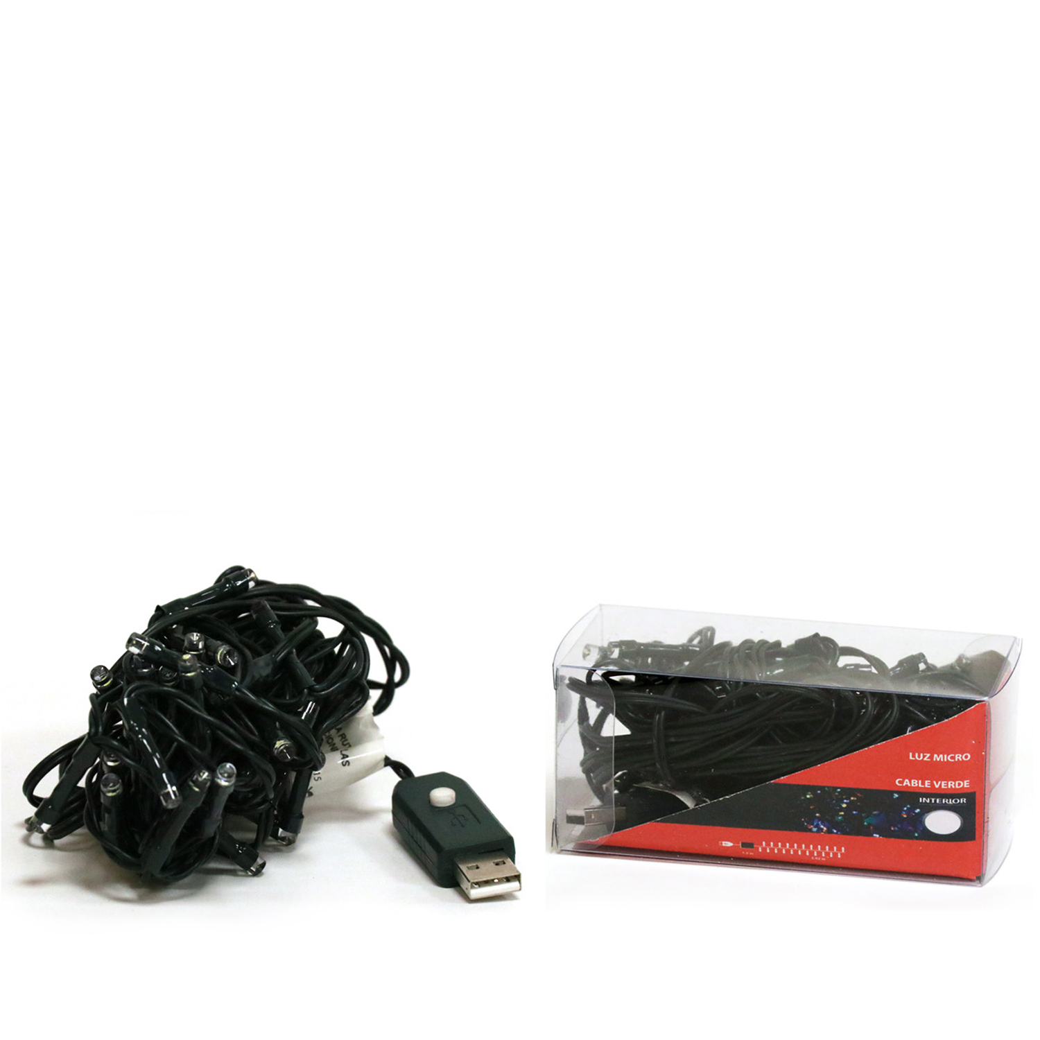 Cavo luminoso USB verde con piccolo pulsante in confezione trasparente.