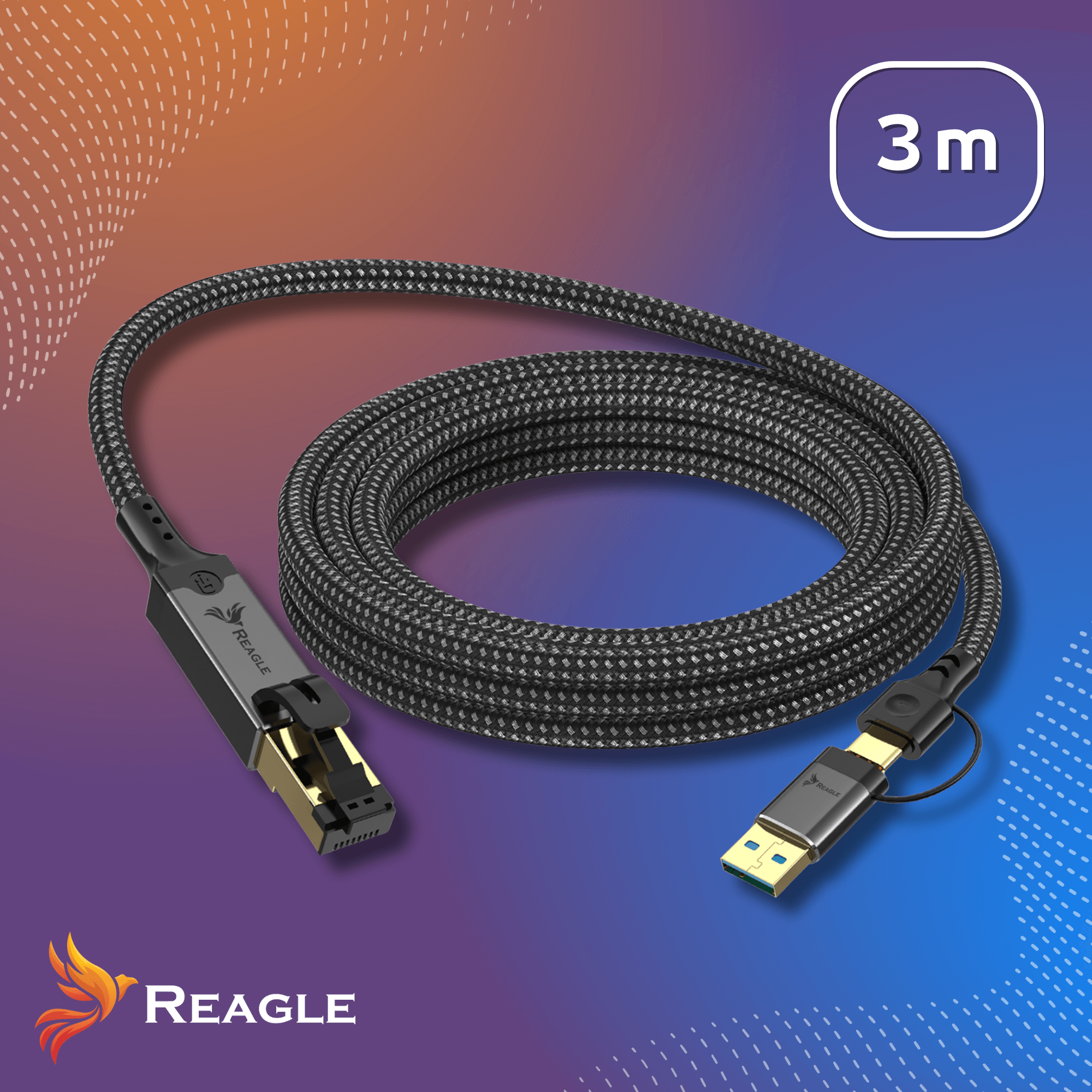 Un cable USB-C negro de 3m con conector Ethernet yace enrollado.