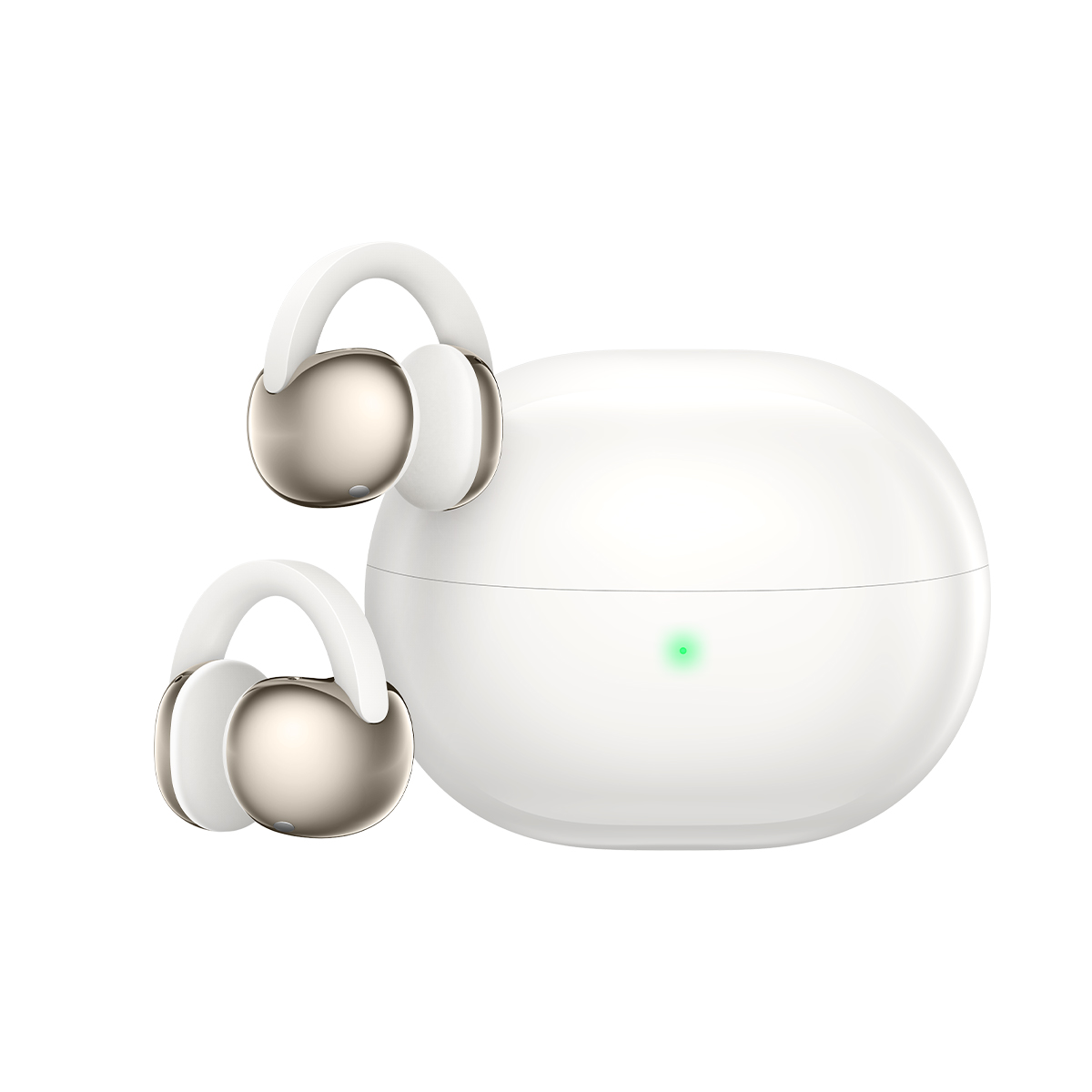 Auricolari bianchi con accenti dorati accanto a una custodia di ricarica bianca con luce verde.