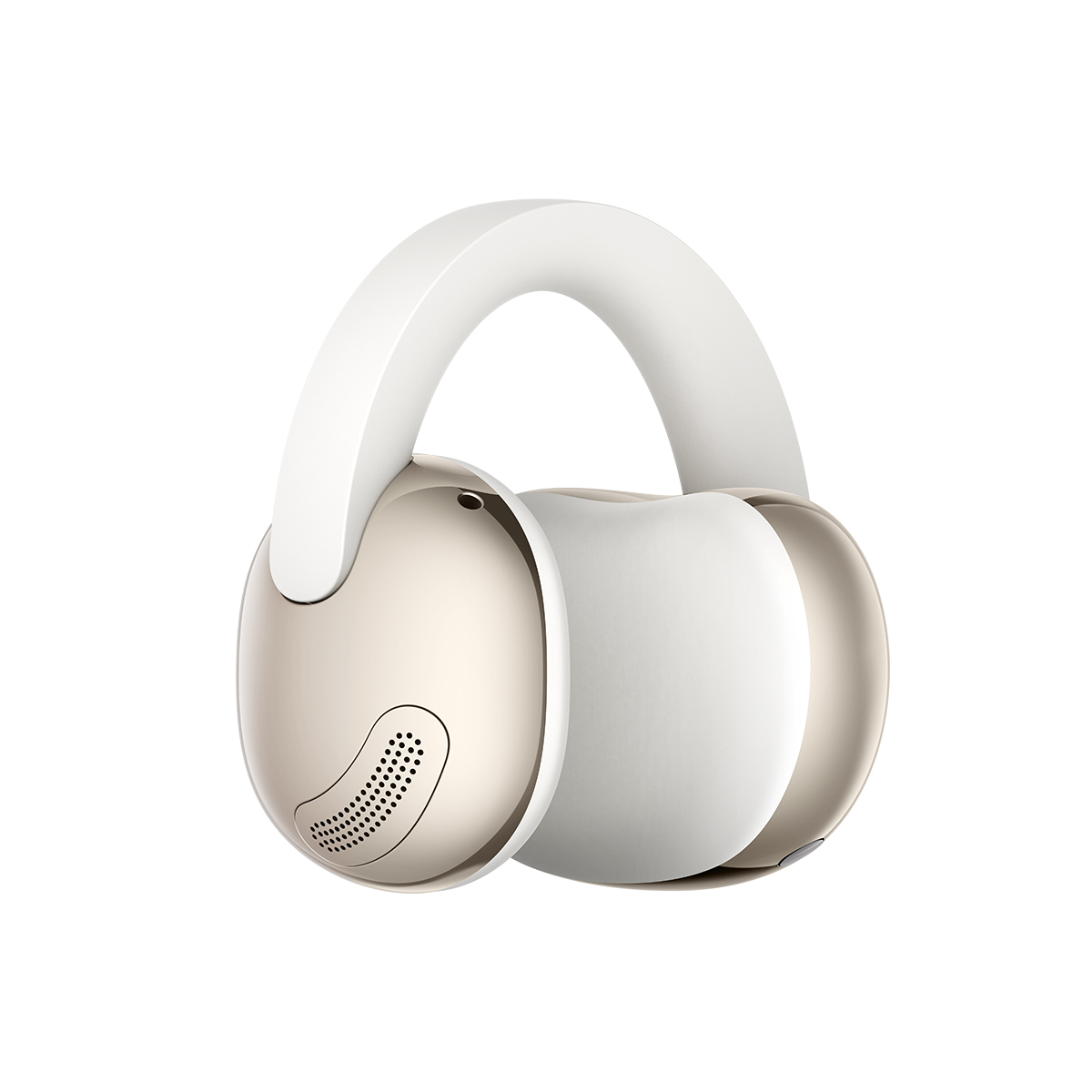 Cuffie bianche e dorate con archetto imbottito. Design rotondo.