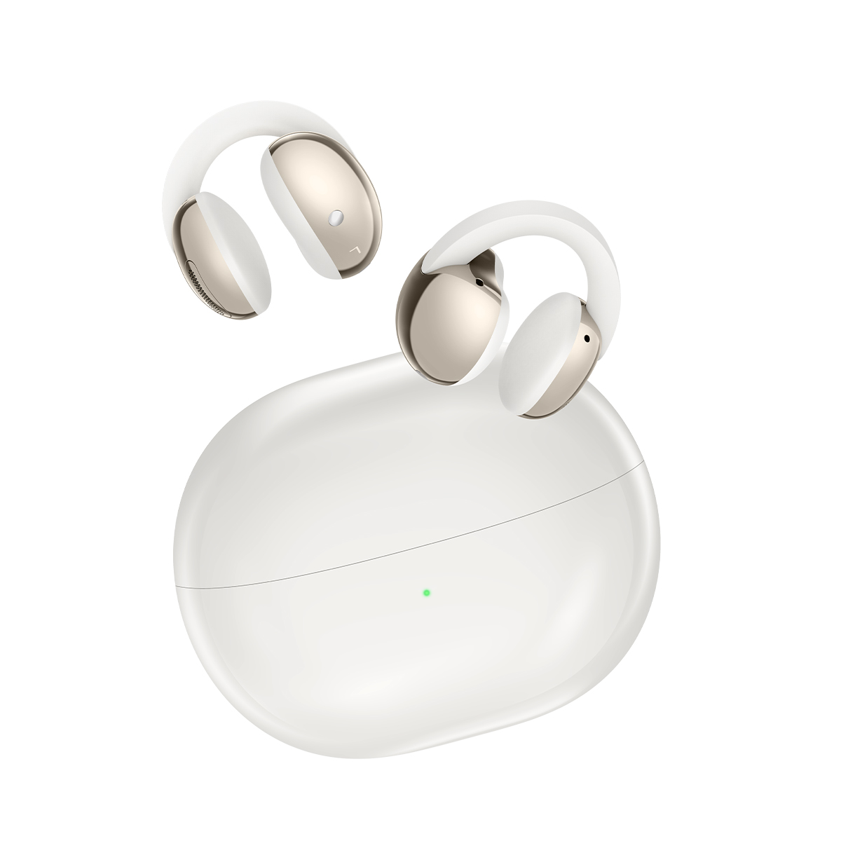 Una custodia di ricarica bianca con due auricolari bianchi e dorati.