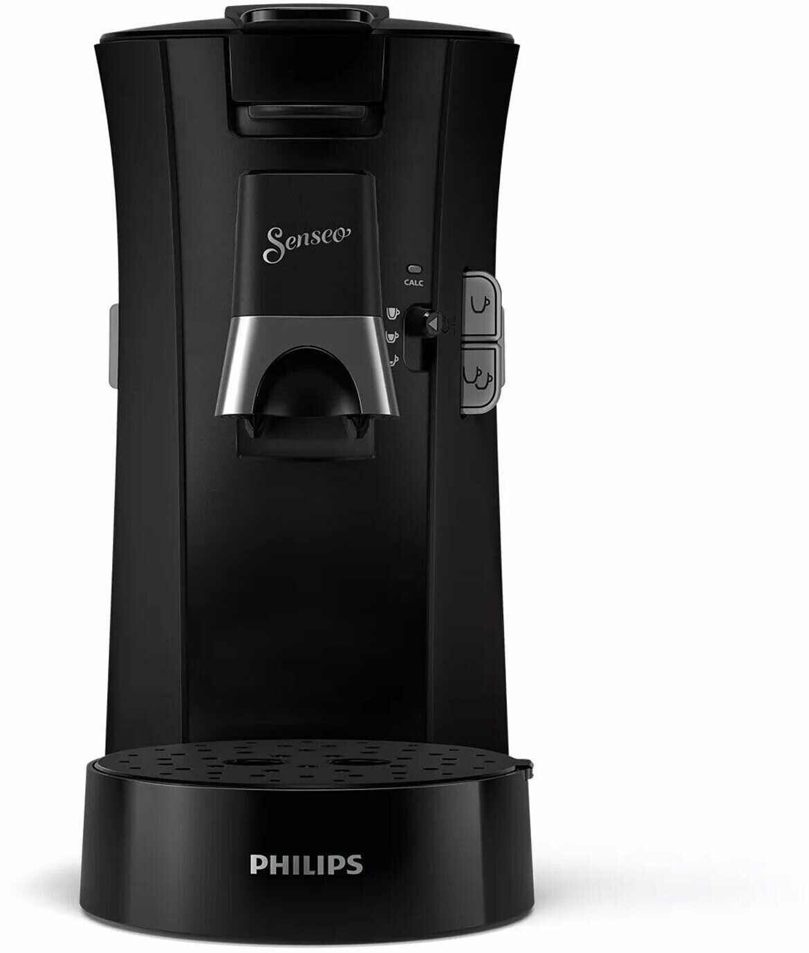 Máquina de café Senseo negra con logo Philips en la base.