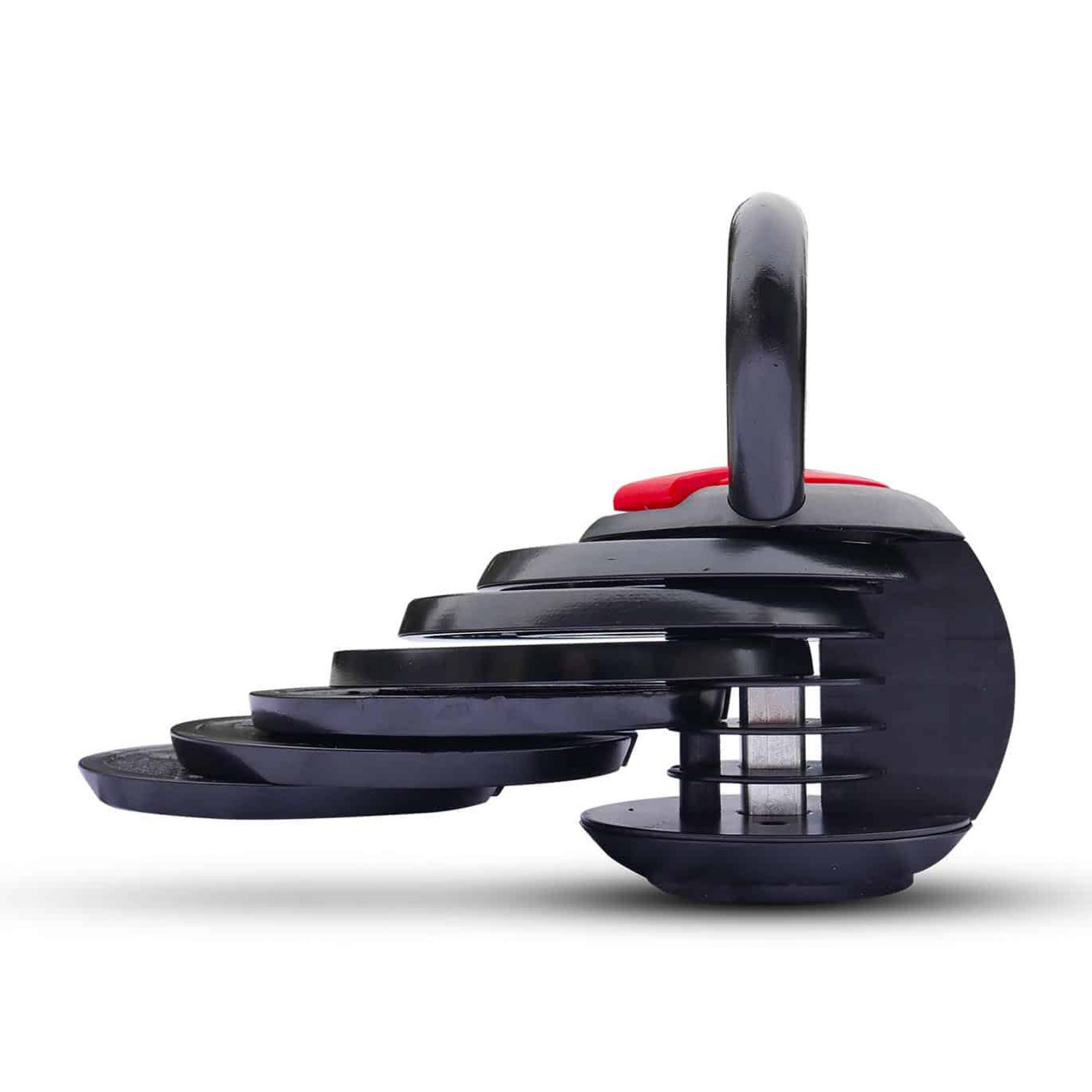 Un peso kettlebell regolabile nero con accenti rossi.