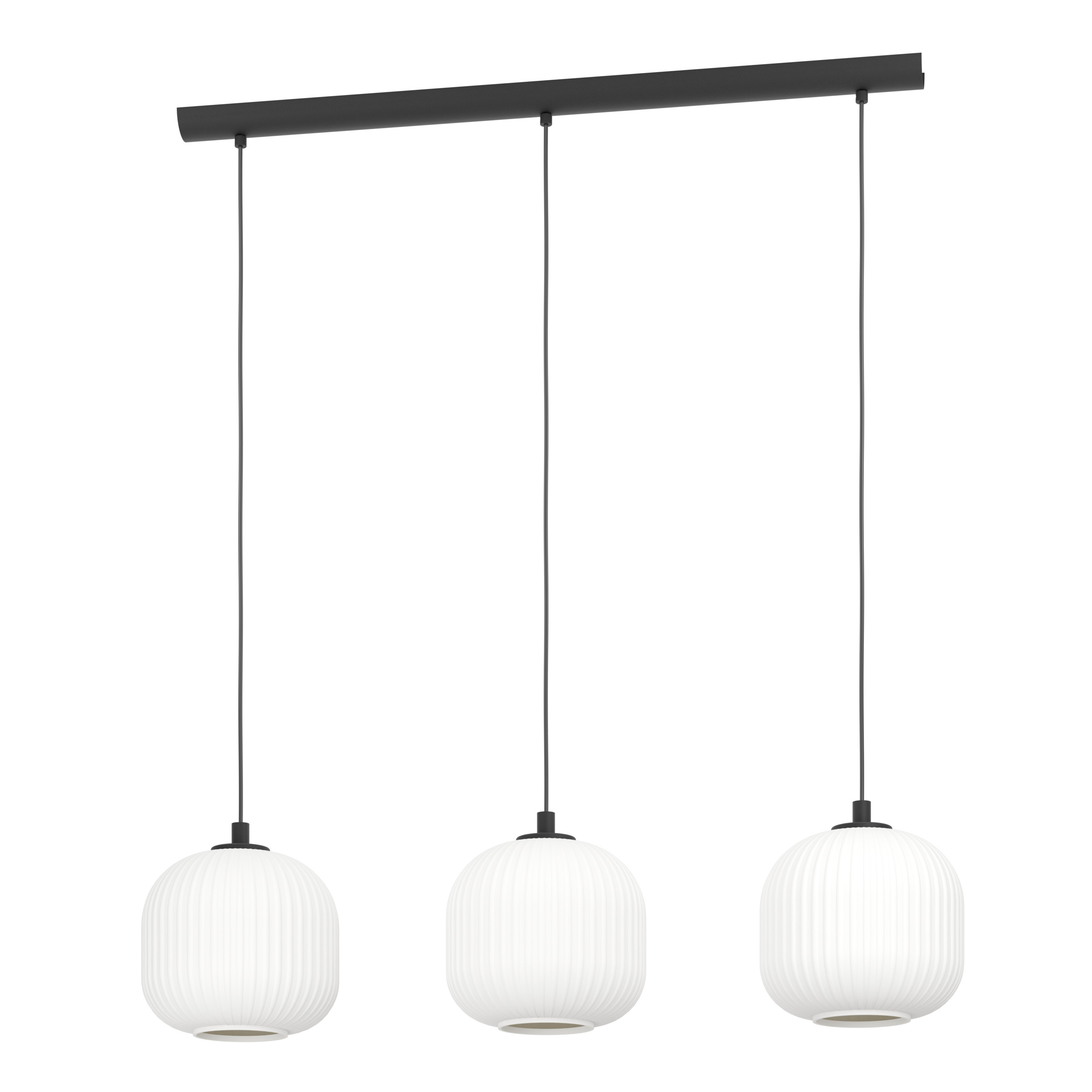 Lampada a sospensione nera con tre paralumi in vetro bianco a coste.