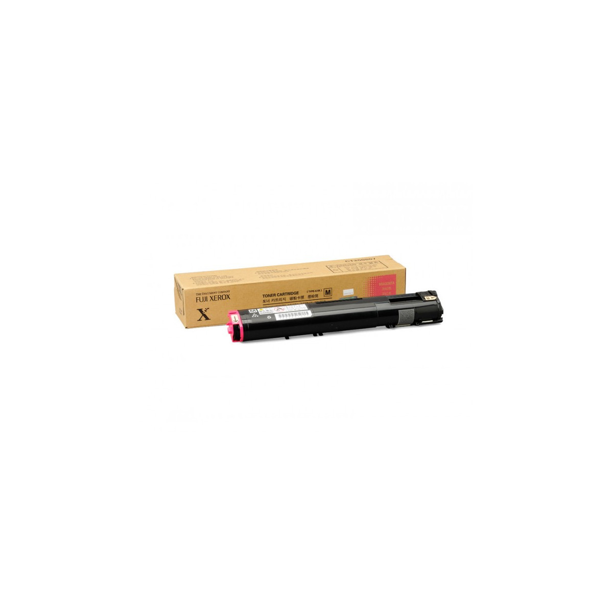 Een magenta Fuji Xerox toner cartridge naast de doos.
