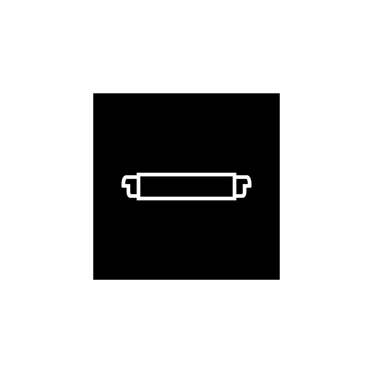 Een witte schets van een mondharmonica op een zwarte achtergrond.