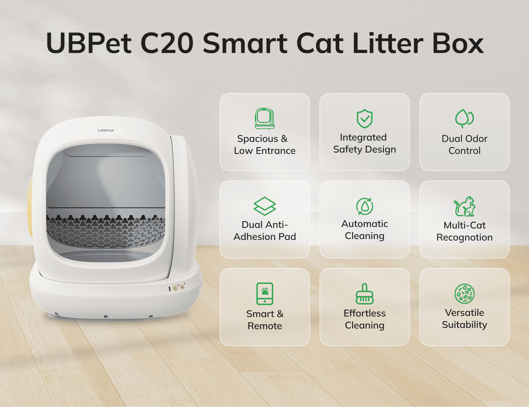 Lettiera smart UB Pet C20 bianca con caratteristiche elencate