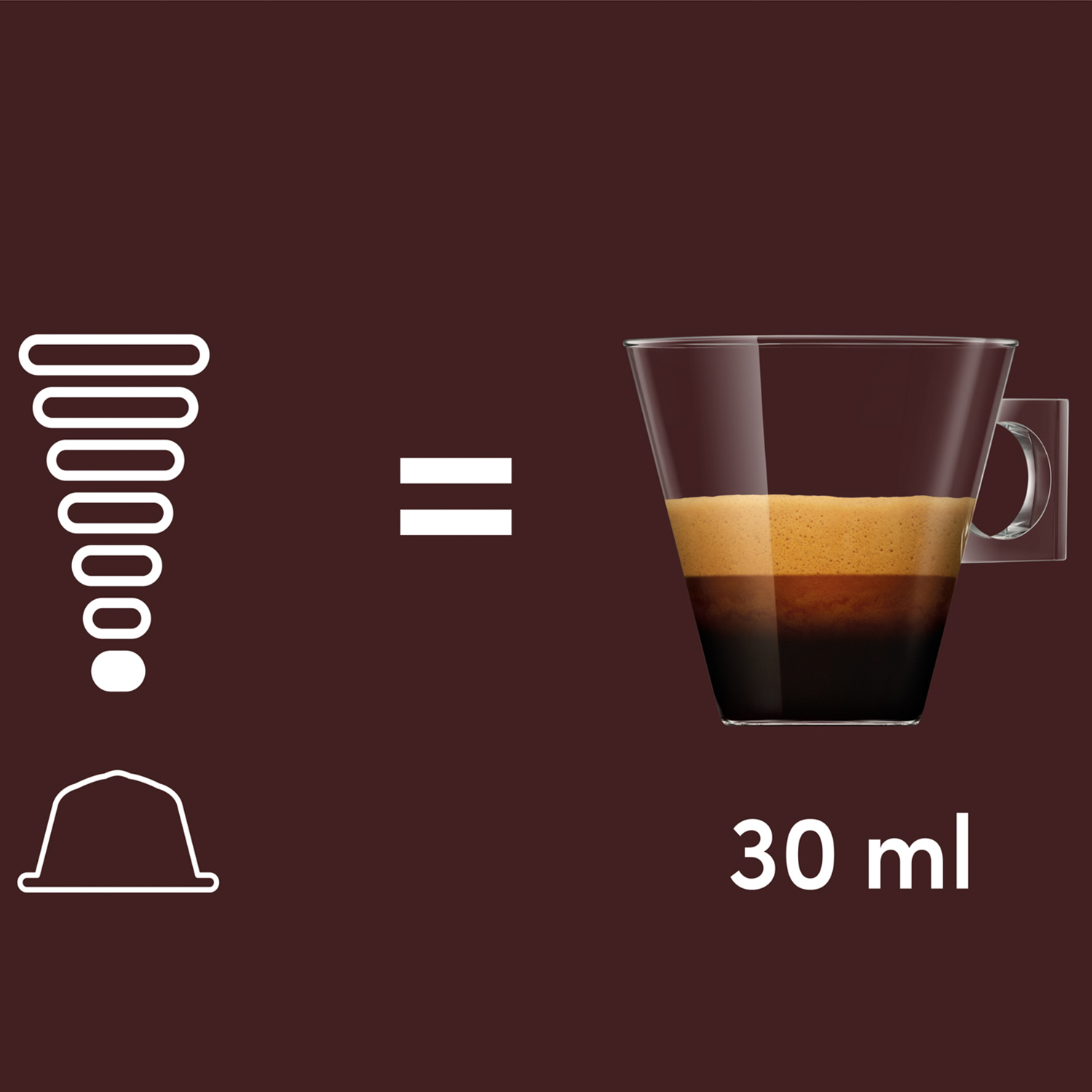 Icona di capsula caffè accanto a una tazza di espresso, 30 ml.