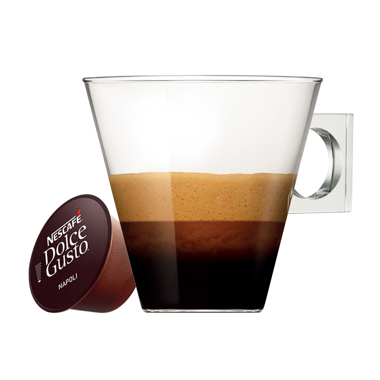 Un caffè NESCAFÉ Dolce Gusto Napoli in un bicchiere con schiuma e una capsula accanto.