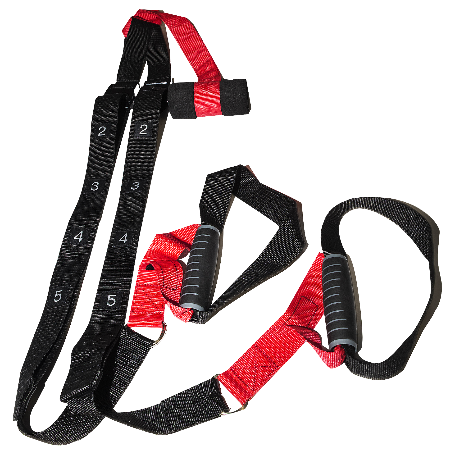 Schwarzes und rotes Trainingsband mit Griffen und Nummerierung.