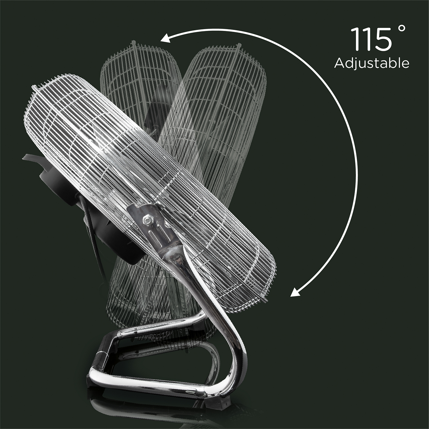 Ein silberner Standventilator mit geneigtem Kopf, der eine Einstellbarkeit von 115° anzeigt.