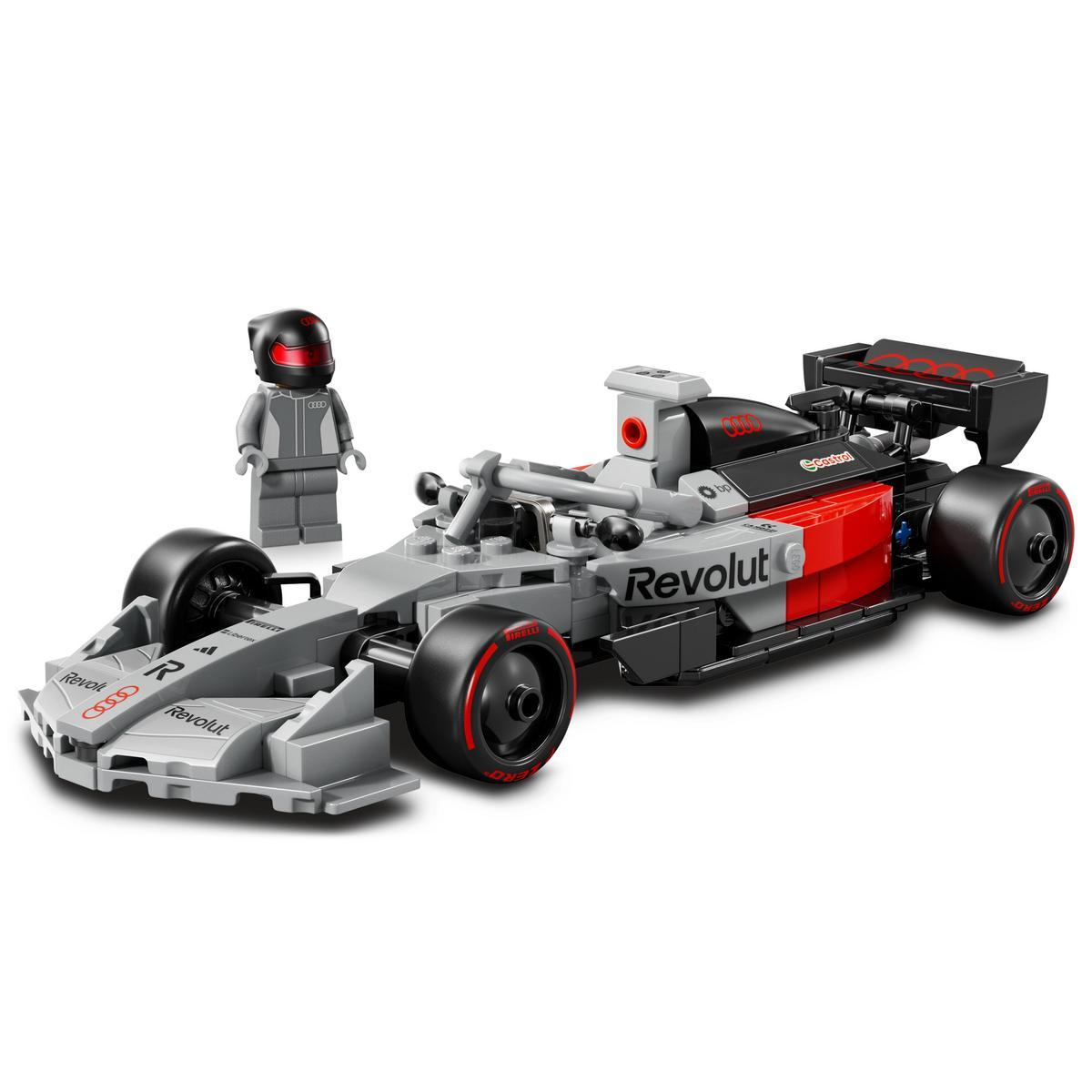 Un'auto Lego di Formula 1 grigia con accenti rossi e un pilota.