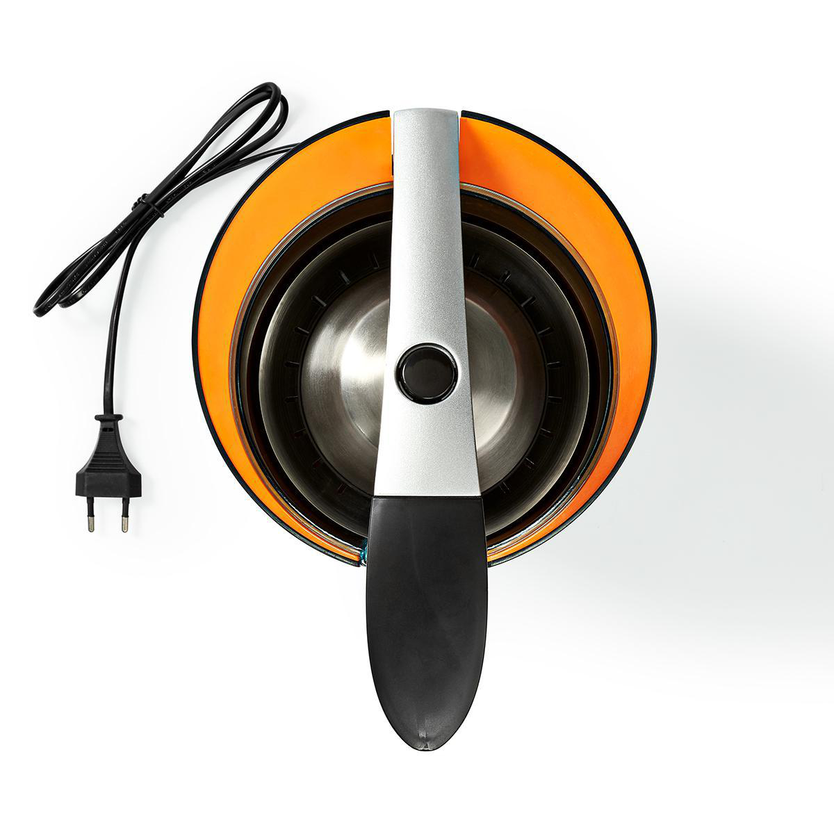 Eine Kaffeemühle mit orangem Rand und silbernem Griff.
