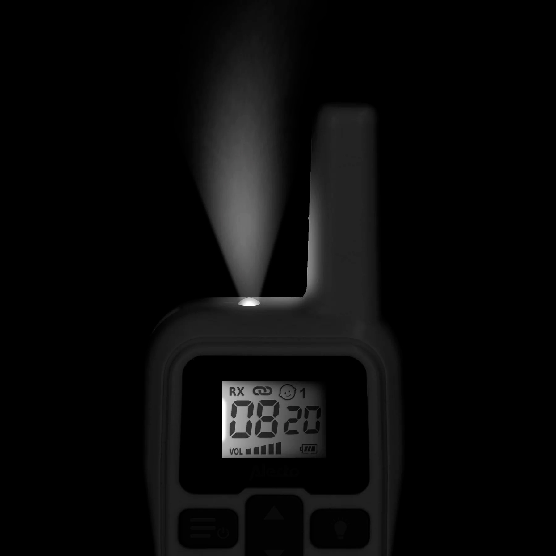 A walkie-talkie with an illuminated screen and light beam from the top.