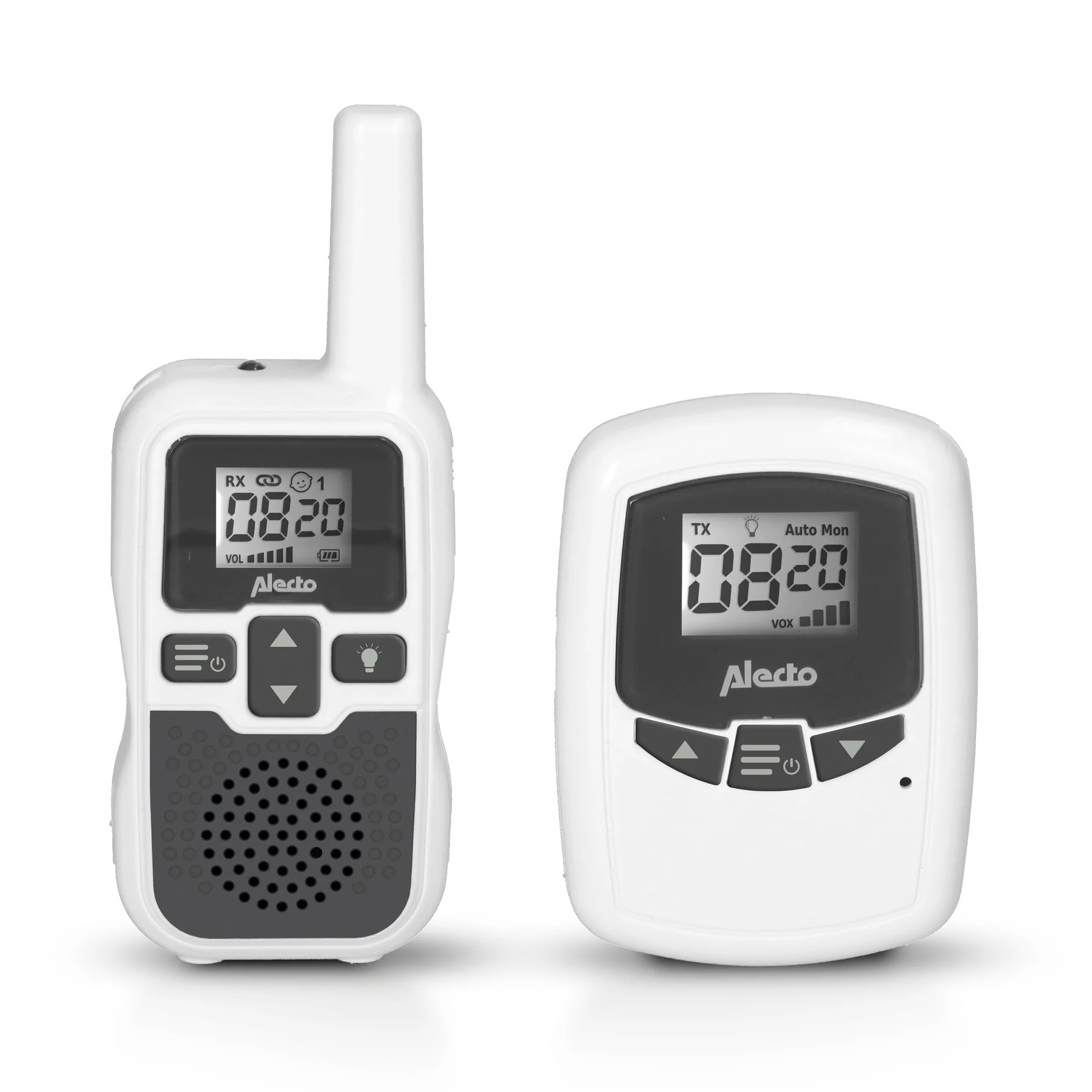 Two white Alecto baby monitors with screens and buttons on a white background.
