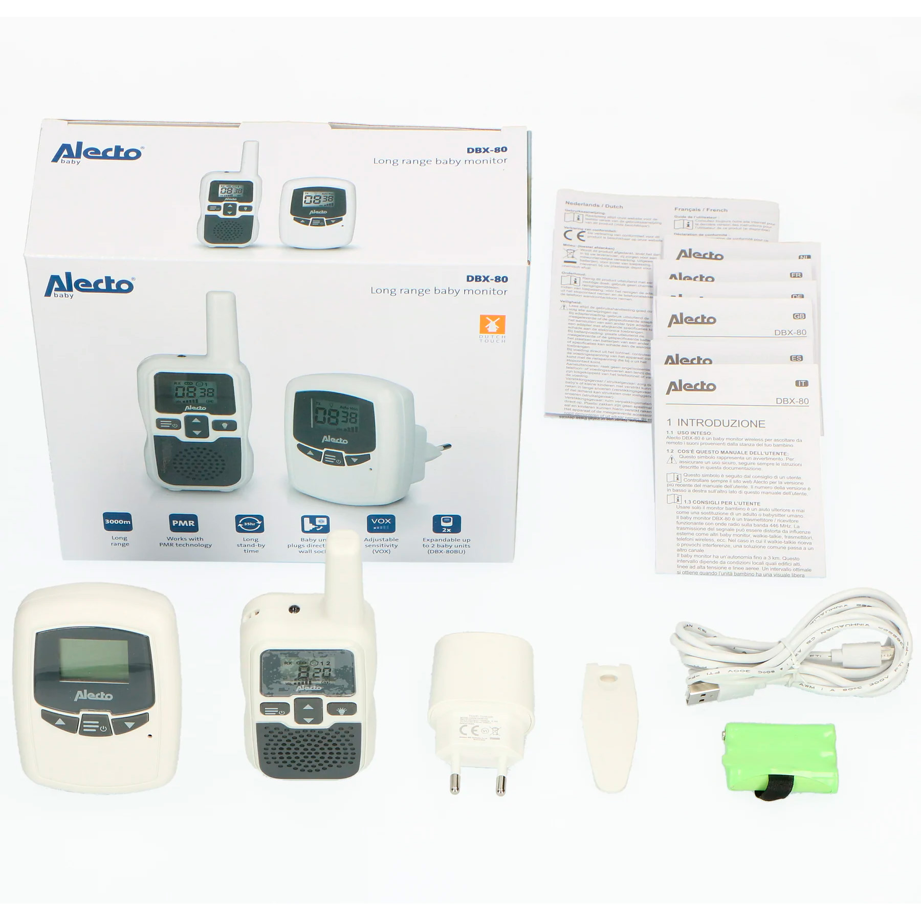 Alecto Baby Monitor DBX-80 with accessories: two baby units, power adapter, USB cable, battery.