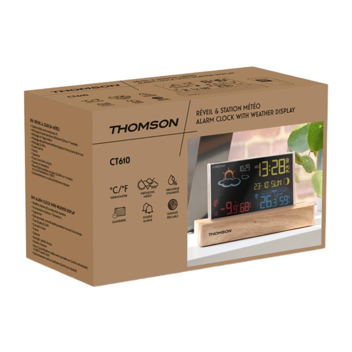 Pudełko budzika Thomson CT610 z wyświetlaczem pogody na drewnianej podstawie.