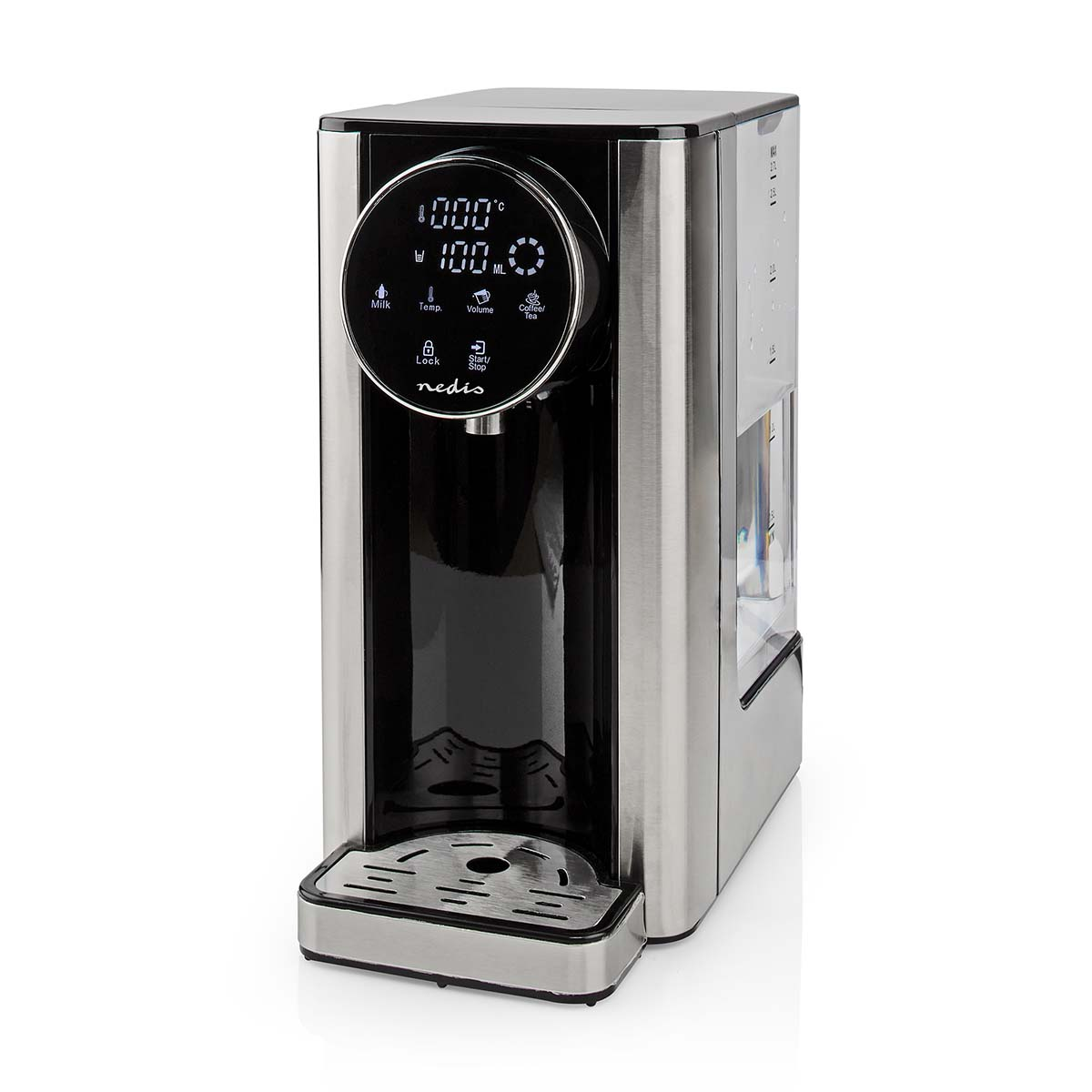 Ein silberner Wasserspender mit schwarzem Display und Tropfschale.