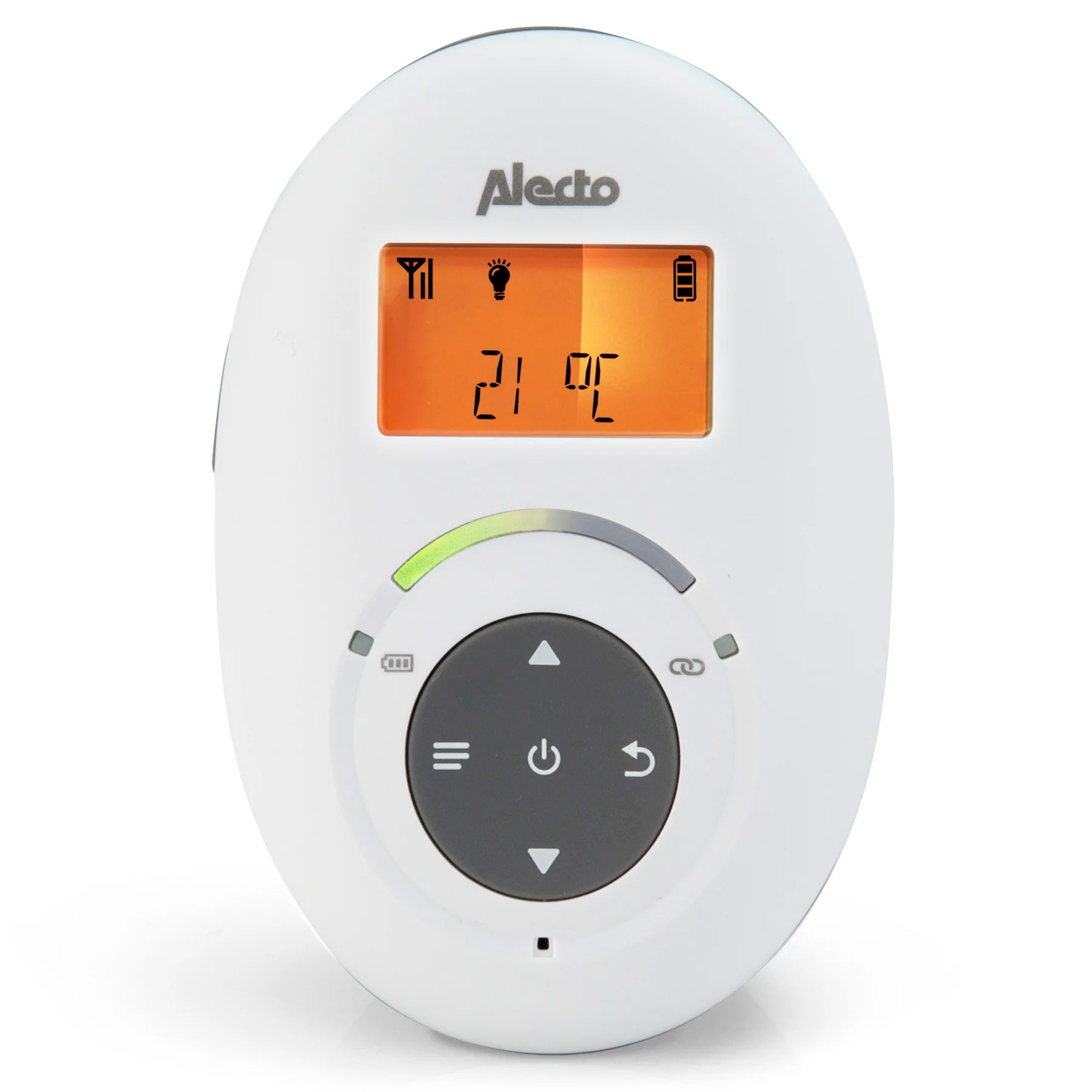 Ein weißes Babyfon mit orangem Bildschirm zeigt 21°C an.