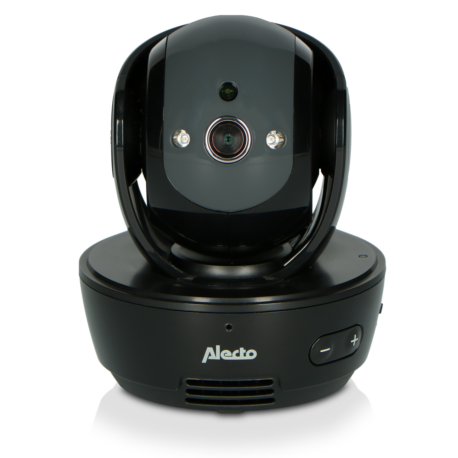 Ein schwarzer Baby Monitor mit Kamera und Lautsprecher ist auf weißem Hintergrund.